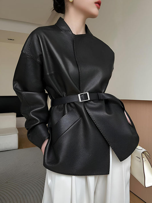 Obsidian Belted Leather Blazer Siaora