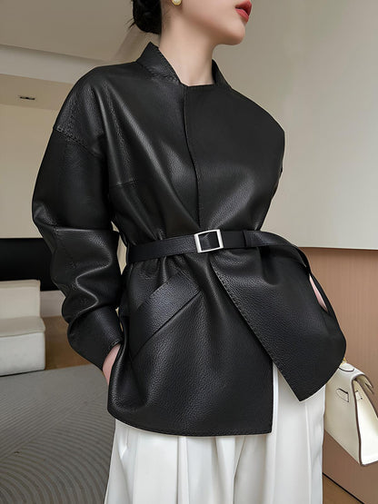Obsidian Belted Leather Blazer Siaora