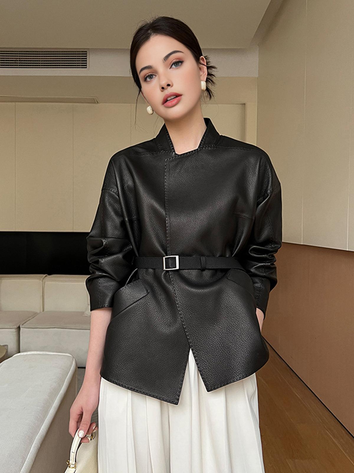 Obsidian Belted Leather Blazer Siaora