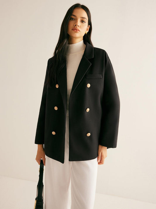 Altın Düğme Detaylı Siyah Oversize Blazer Ceket Siaora