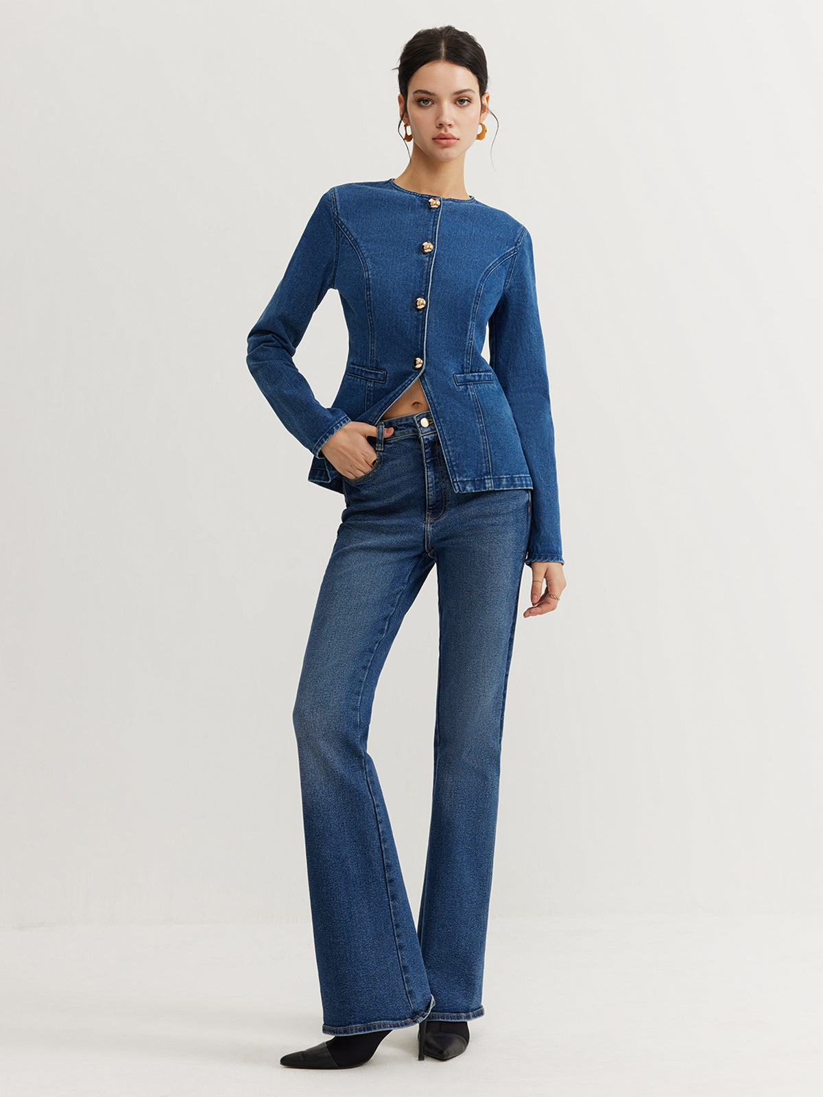 Düğmeli Denim Dar Ceket Quvarse