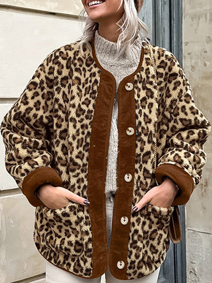 Kontrast Trim Minky Leopar Ceket Quvarse