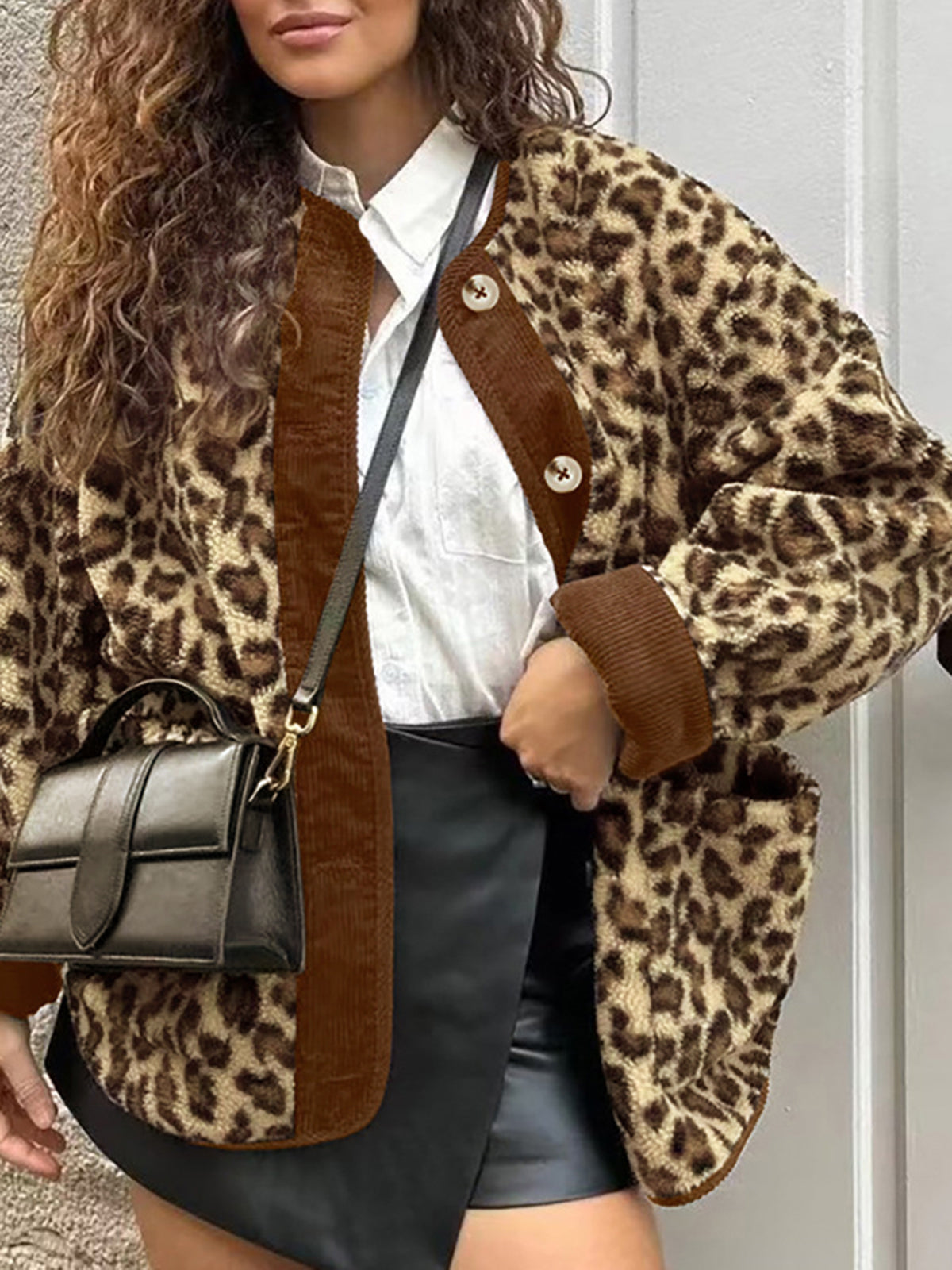 Kontrast Trim Minky Leopar Ceket Quvarse