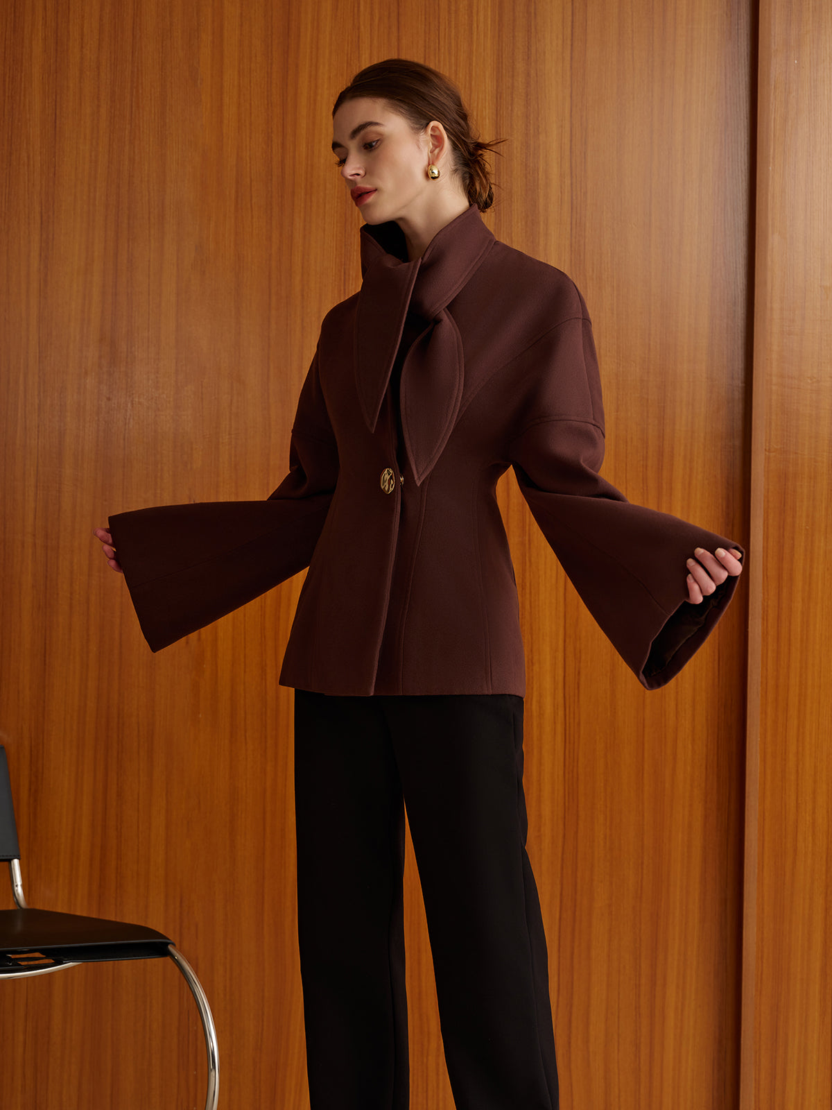 Plain Metal-Button Coat With Scarf Quvarse