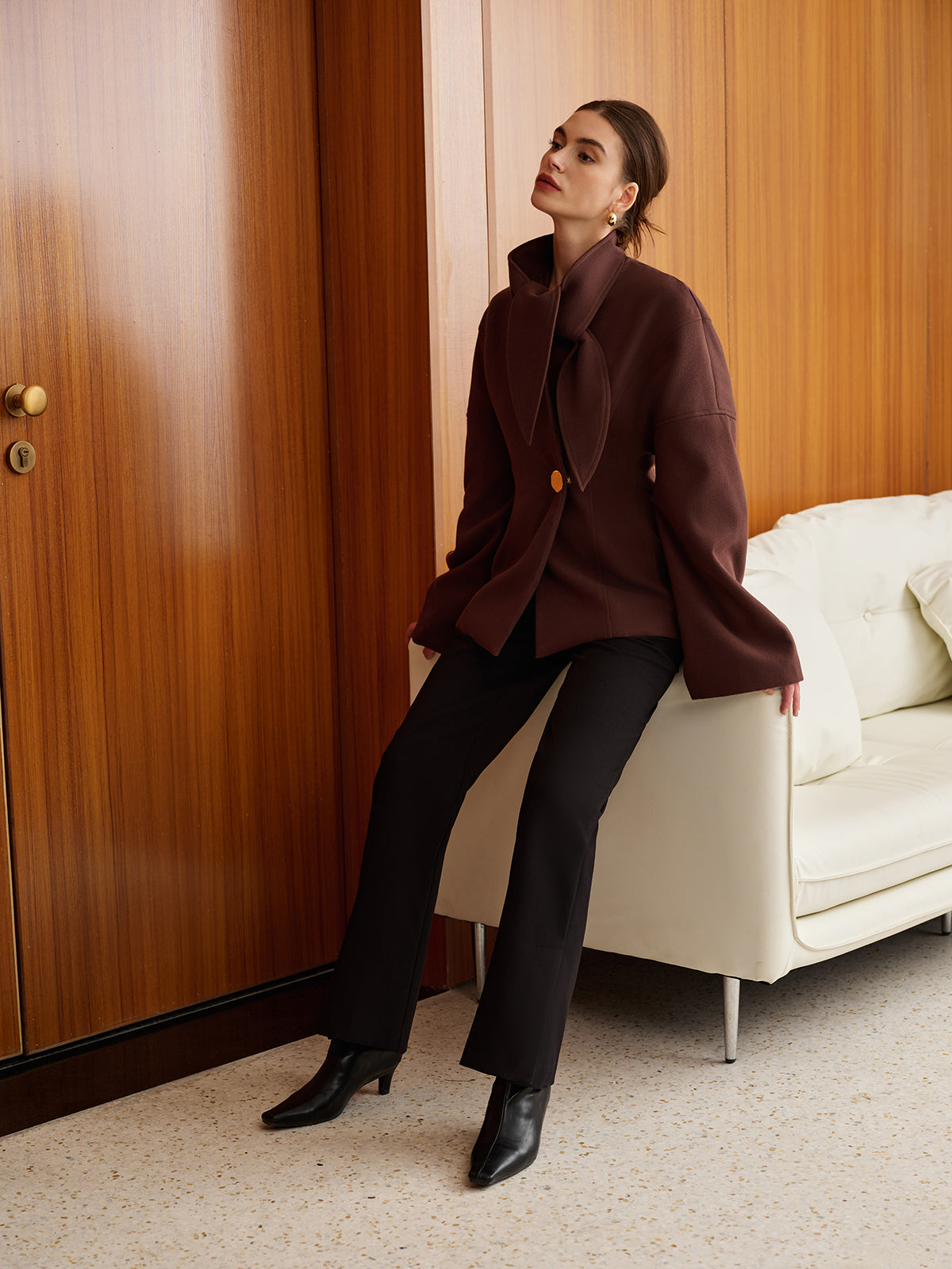 Plain Metal-Button Coat With Scarf Quvarse