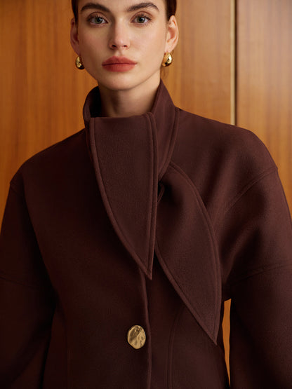 Plain Metal-Button Coat With Scarf Quvarse