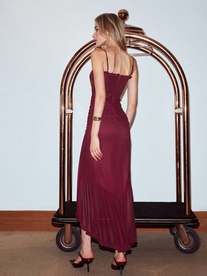 Fırfırlı File Panelli Askılı Elbise Quvarse