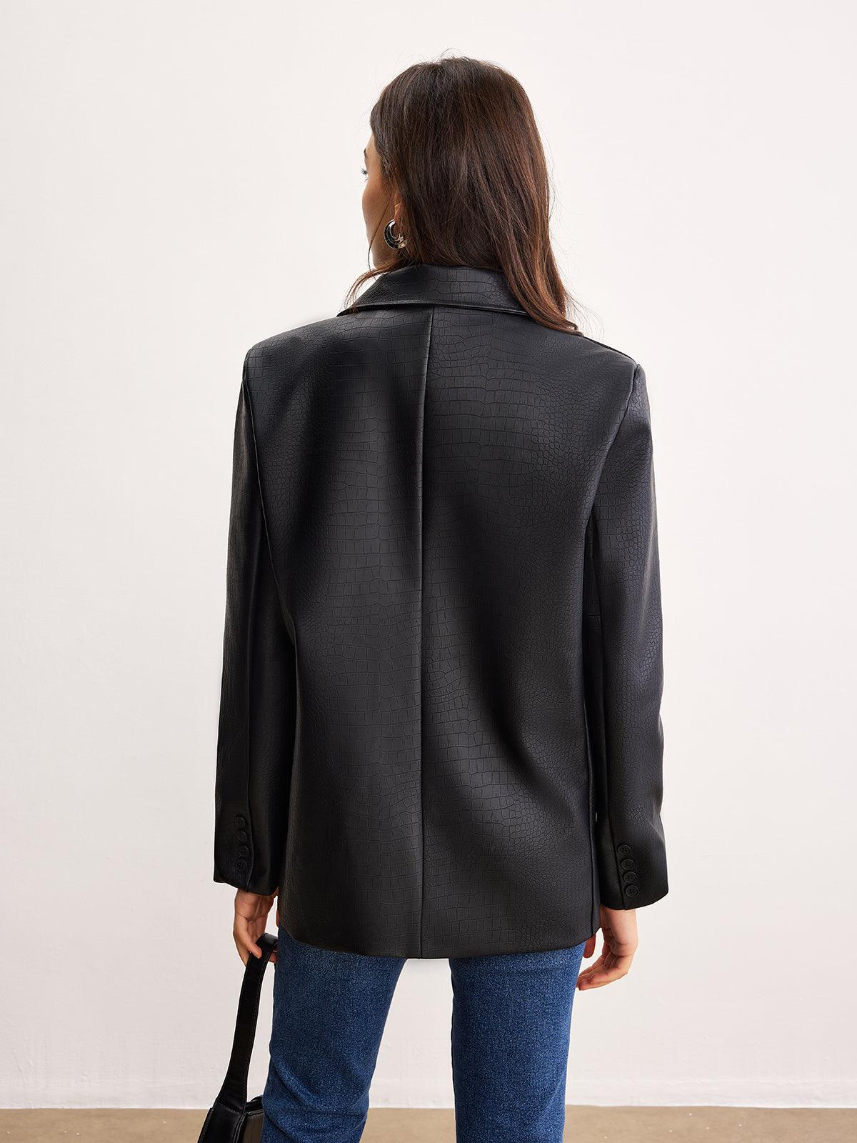 Siyah Croco Desenli Deri Blazer Ceket Siaora