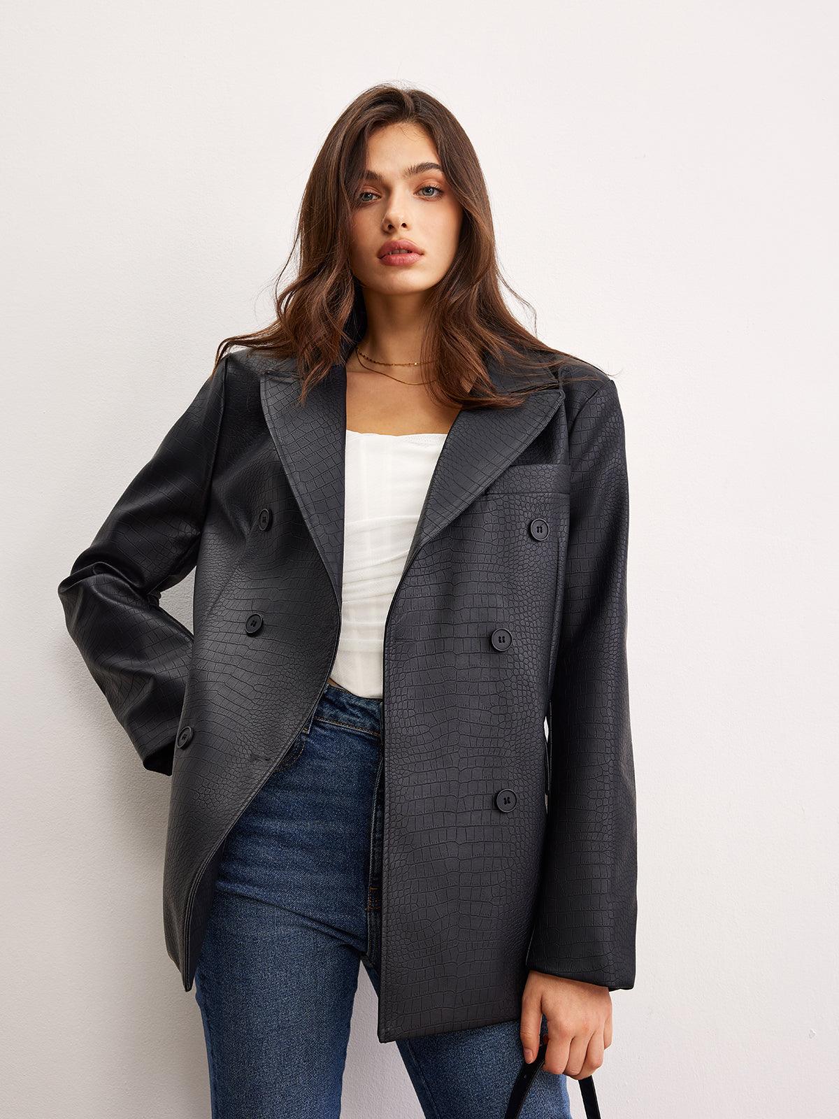 Siyah Croco Desenli Deri Blazer Ceket Siaora