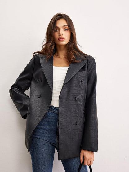 Siyah Croco Desenli Deri Blazer Ceket Siaora