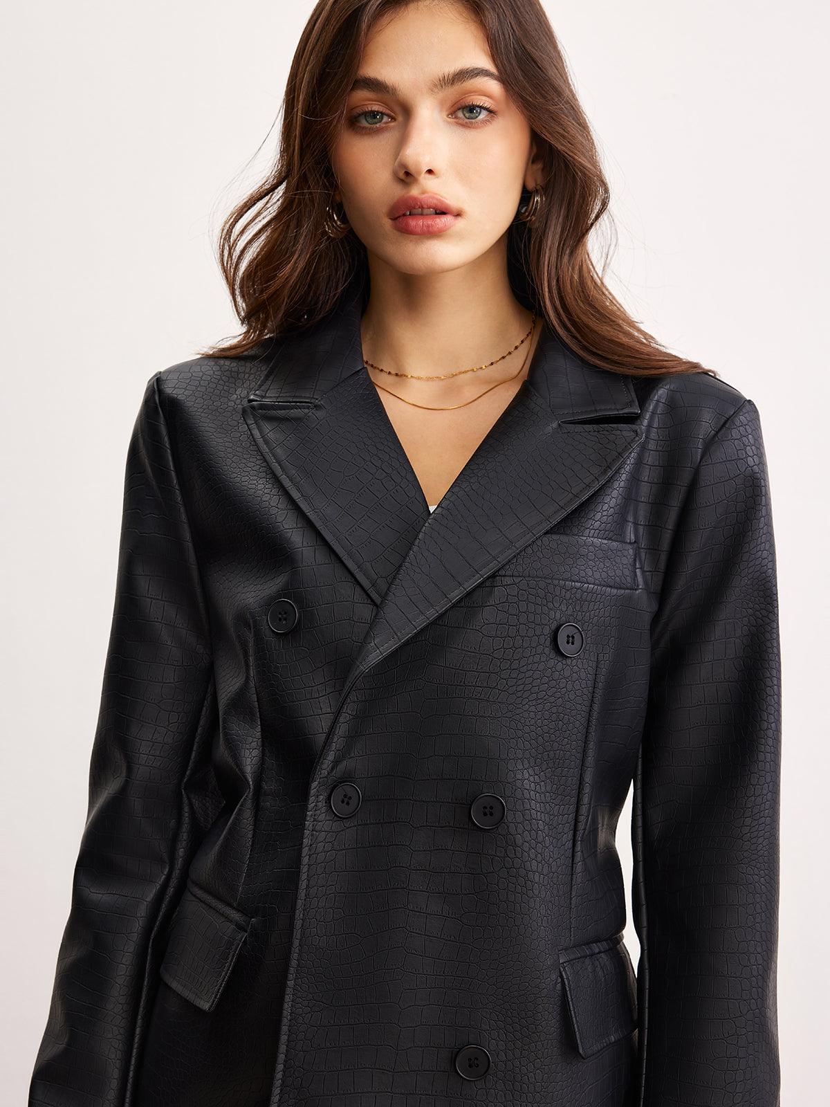 Siyah Croco Desenli Deri Blazer Ceket Siaora