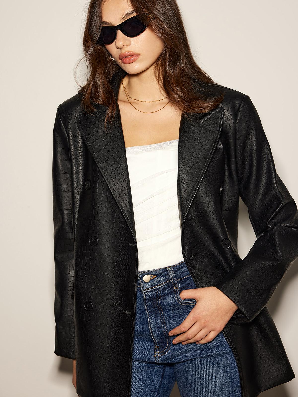 Siyah Croco Desenli Deri Blazer Ceket Siaora