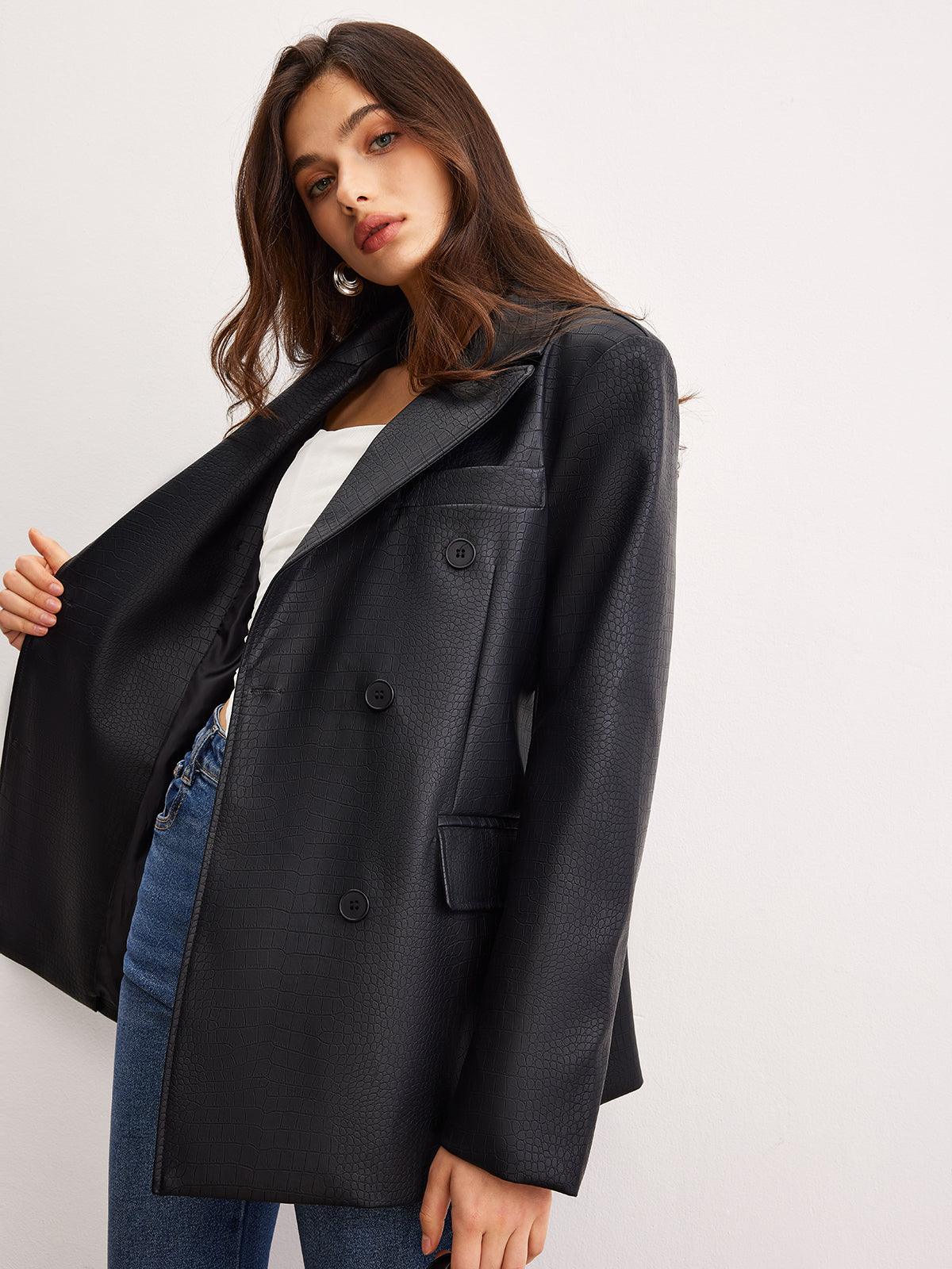 Siyah Croco Desenli Deri Blazer Ceket Siaora