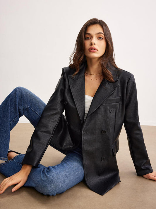 Siyah Croco Desenli Deri Blazer Ceket Siaora