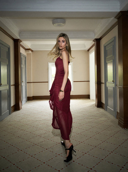 Fırfırlı File Panelli Askılı Elbise Quvarse