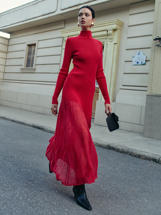 High Neck Pleated Panel Dress Quvarse