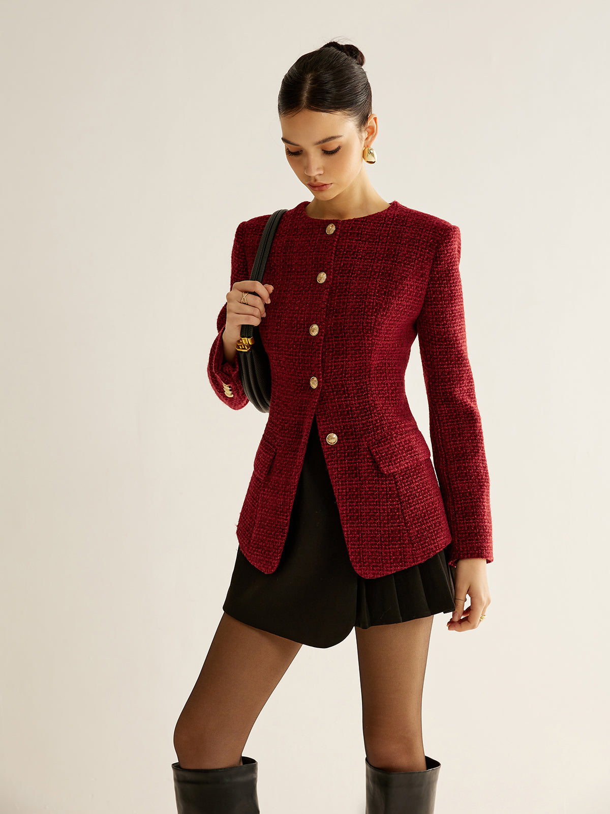 Buttoned Slit Tweed Blazer Quvarse