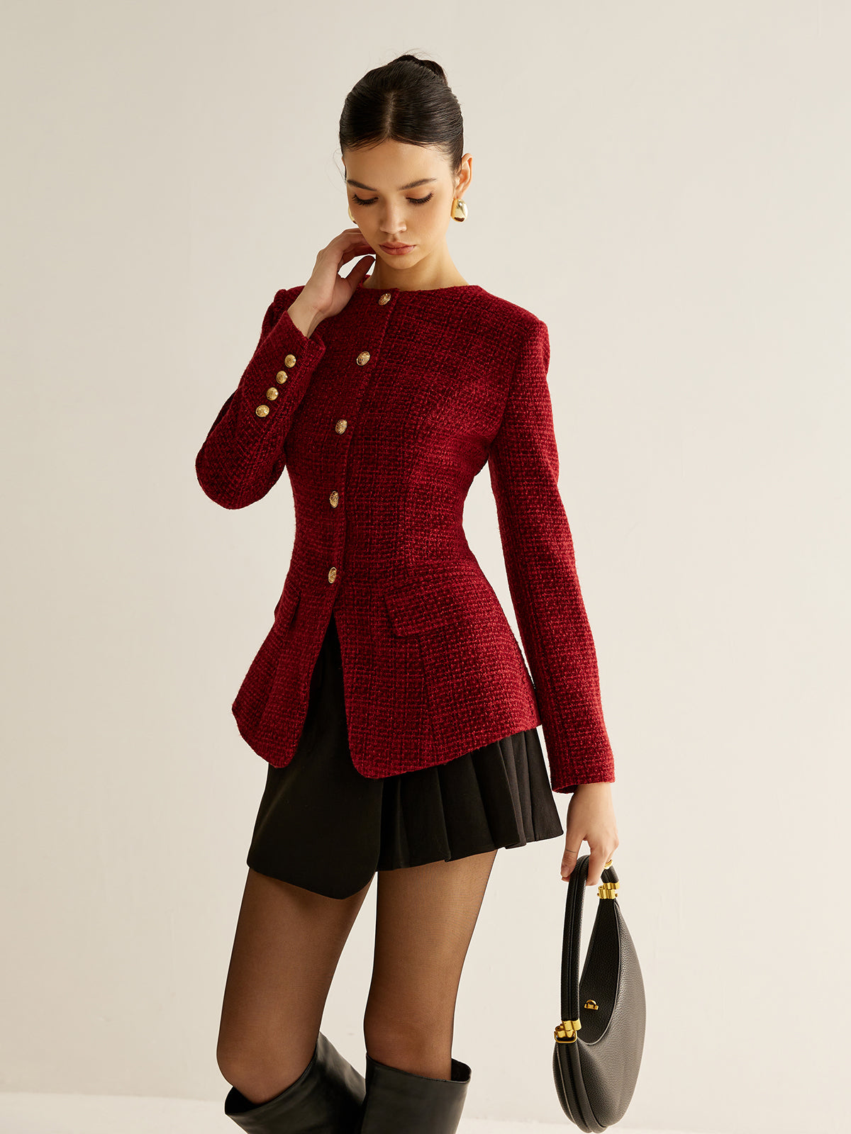 Buttoned Slit Tweed Blazer Quvarse