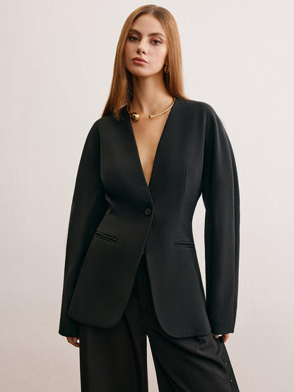 Minimalist Derin V Yaka Siyah Blazer Ceket Siaora