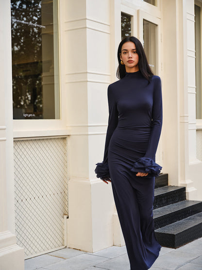 Şık Volanlı Yırtmaçlı Jarse Uzun Elbise Quvarse