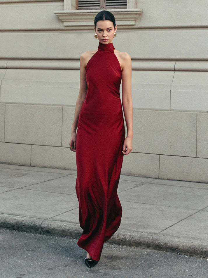 Sırtı Açık Saten Halter Abiye Elbise THESVELTECHIC