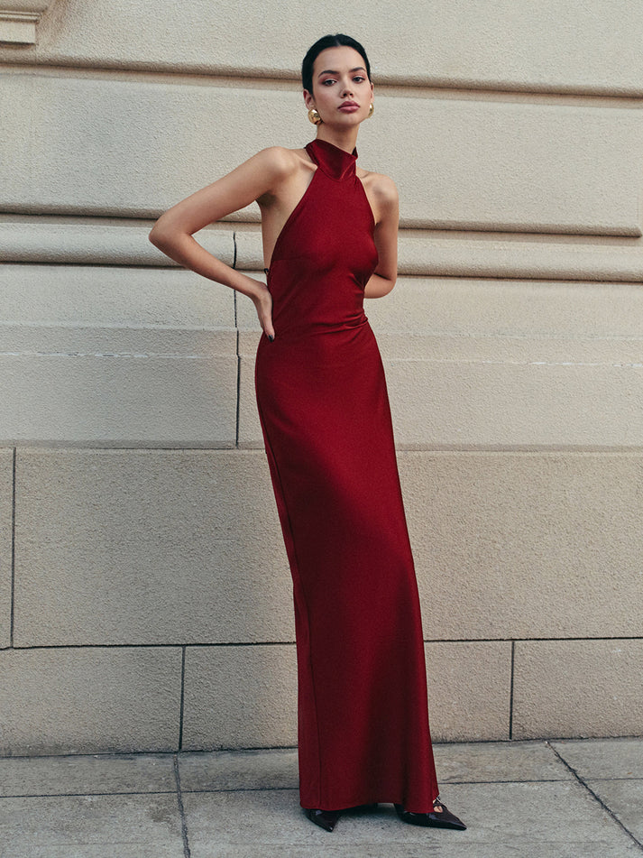 Sırtı Açık Saten Halter Abiye Elbise THESVELTECHIC