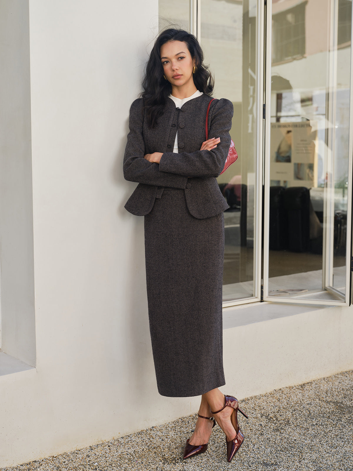 Chevron Düğme İnce Blazer Quvarse