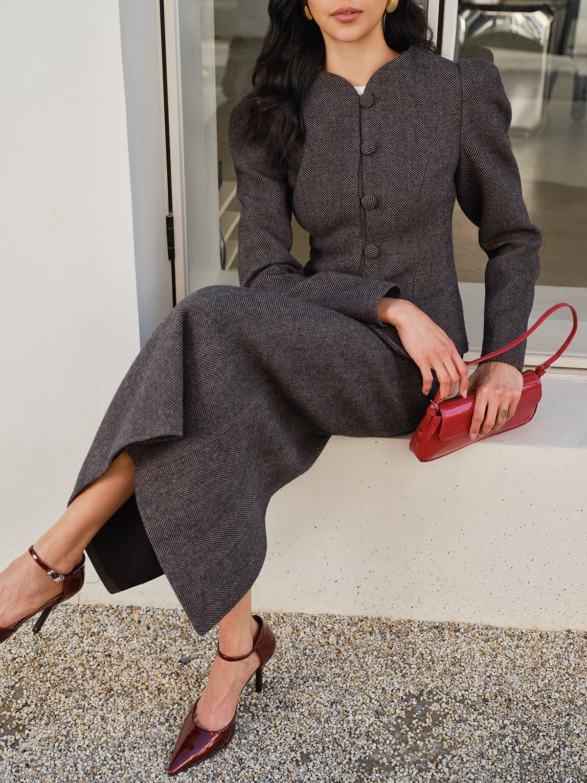 Chevron Düğme İnce Blazer Quvarse