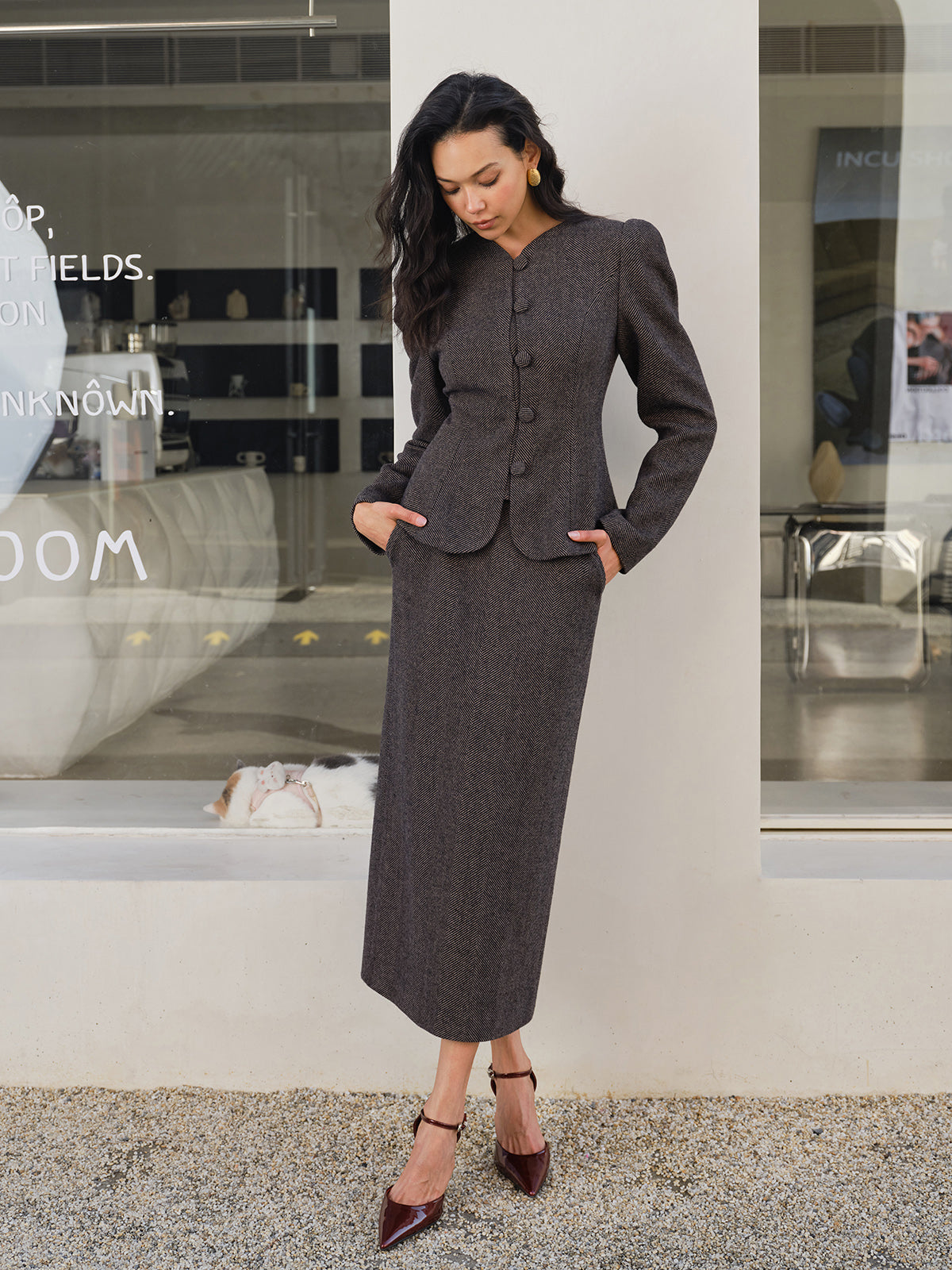 Chevron Düğme İnce Blazer Quvarse