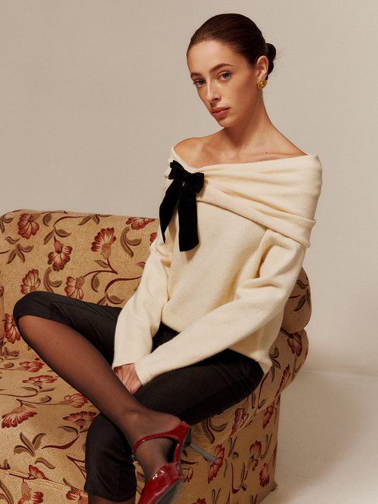 Şık Kadife Fiyonk Off-Shoulder Büzgülü Kazak Shine Aura