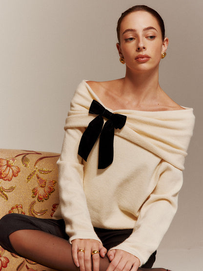 Şık Kadife Fiyonk Off-Shoulder Büzgülü Kazak Shine Aura