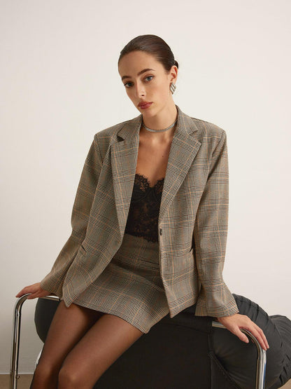 Ekose Desenli Oversize Blazer Ceket Siaora