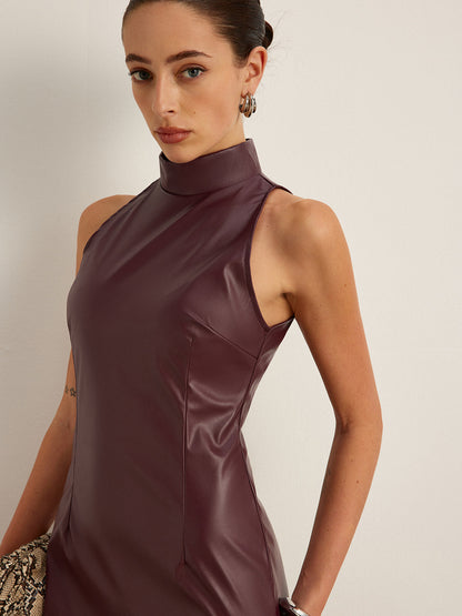 Dik Yaka Suni Deri Skinny Tank Elbise Siaora