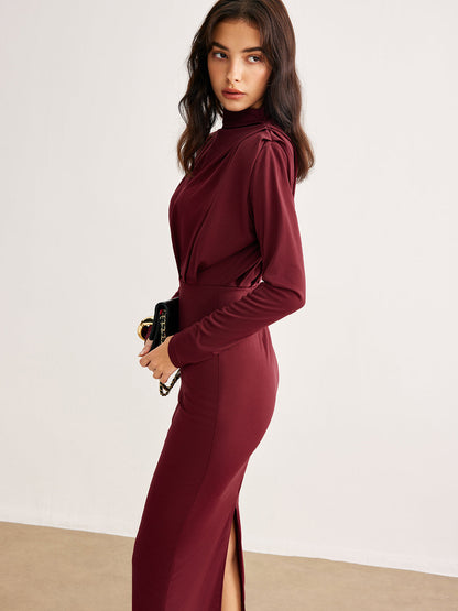 Yüksek Yaka Plise Jarse Elbise Quvarse