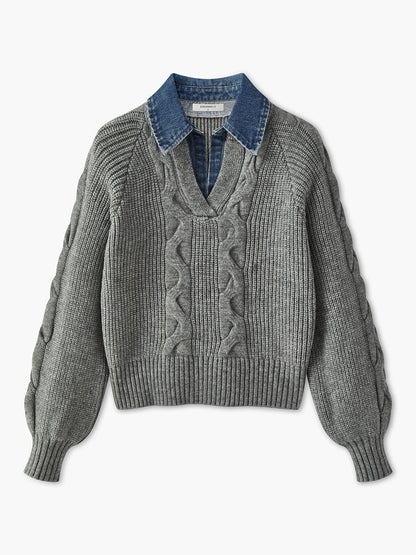 Denim Yakalı Örgü Detaylı Gri Kazak Siaora