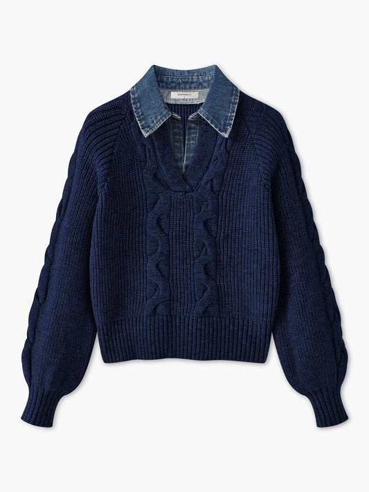 Denim Yakalı Örgü Detaylı Gri Kazak Siaora