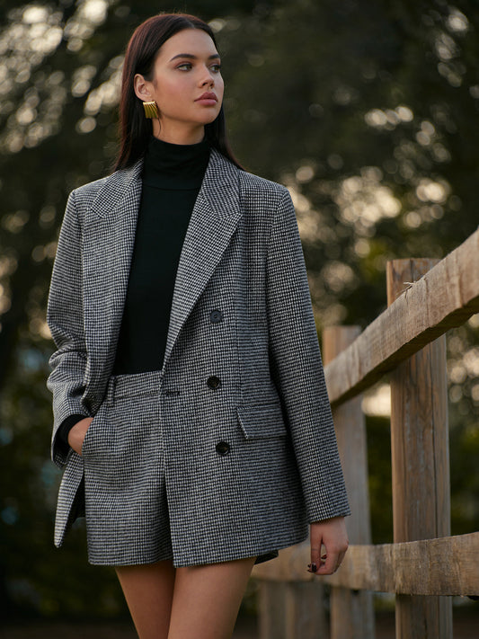 Houndstooth Düğmeli Keten Ceket Quvarse