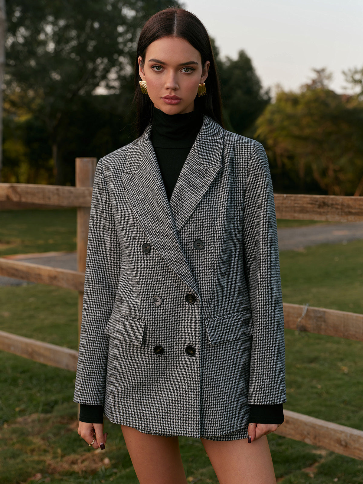 Houndstooth Düğmeli Keten Ceket Quvarse