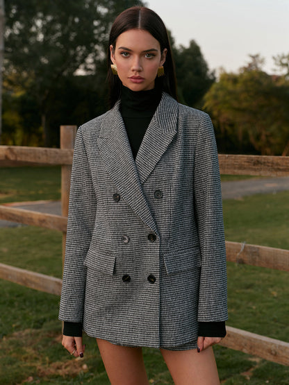Houndstooth Düğmeli Keten Ceket Quvarse
