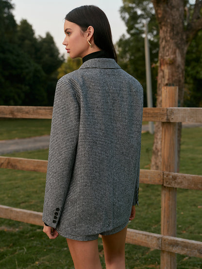 Houndstooth Düğmeli Keten Ceket Quvarse