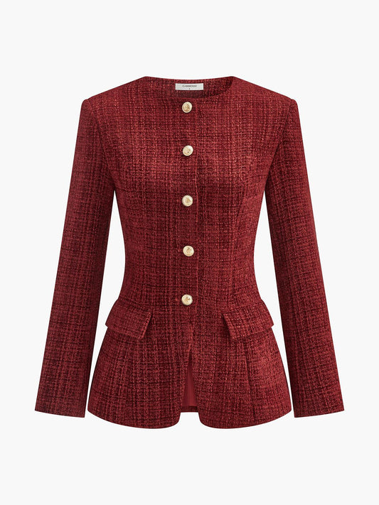 Kırmızı Altın Düğme Detaylı Tweed Blazer Ceket Siaora