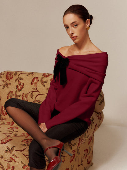 Şık Kadife Fiyonk Off-Shoulder Büzgülü Kazak Shine Aura