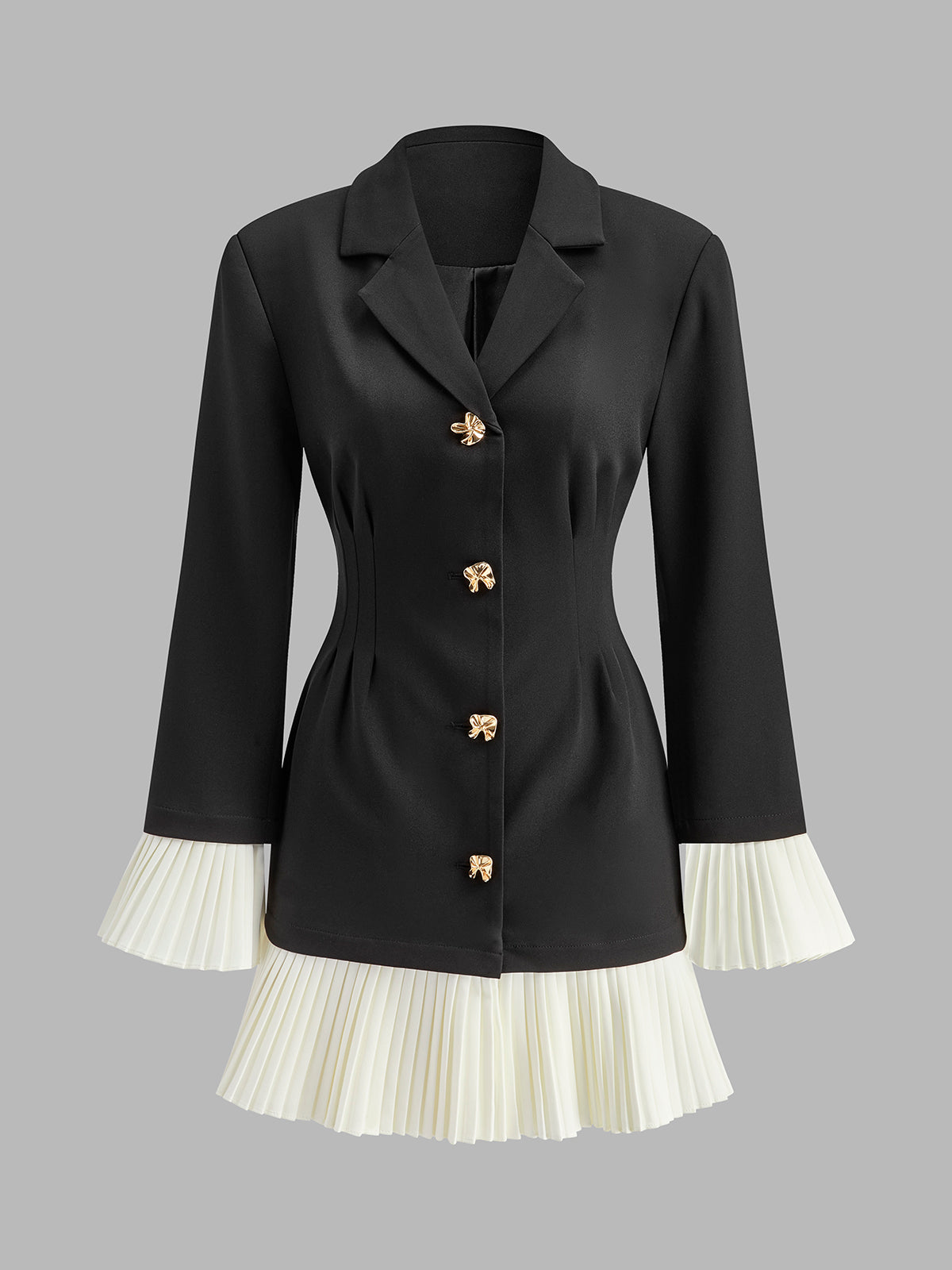 V-Yaka İki Renkli Plise Düğmeli Elbise Quvarse