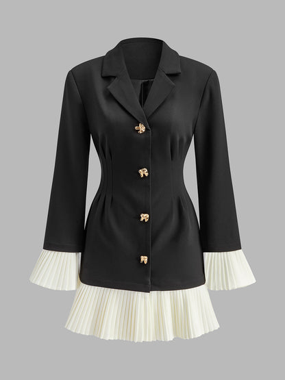 V-Yaka İki Renkli Plise Düğmeli Elbise Quvarse