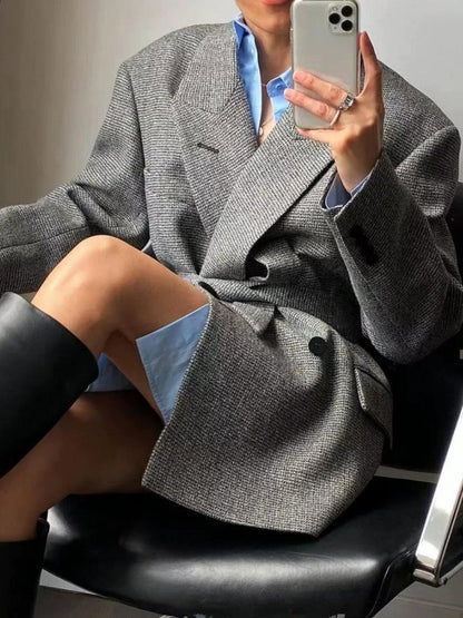 Gri Oversize Ekose Blazer Ceket Siaora