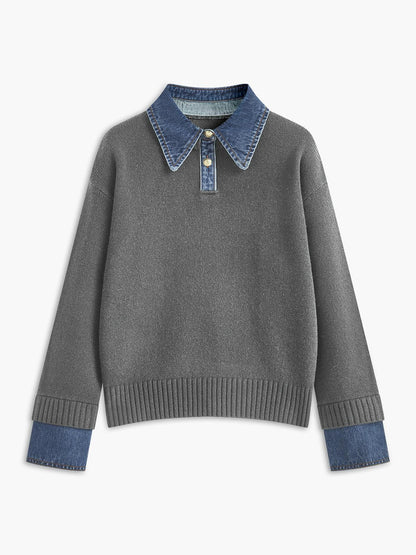 Denim Detaylı Triko Kazak Siaora