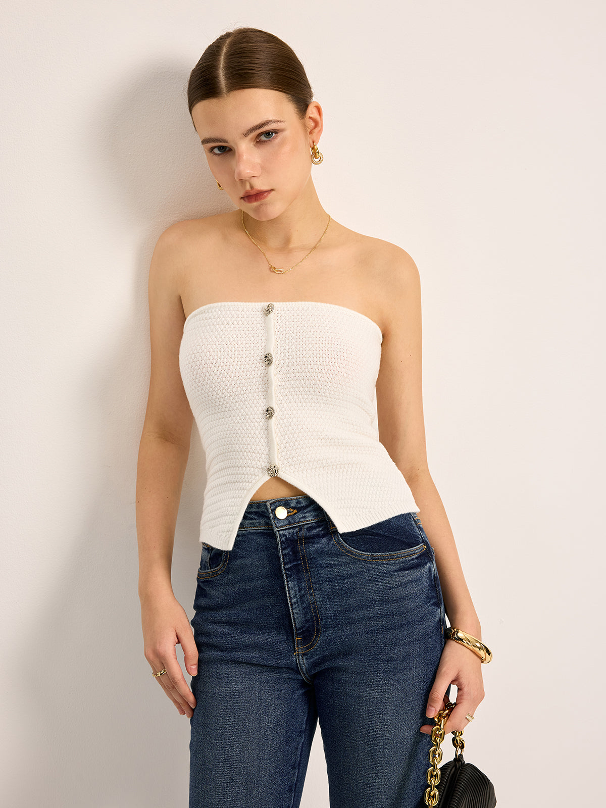 Şık Düğmeli Ön Knit Askısız Boru Üst THESVELTECHIC