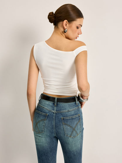 Şık Bir Görünüm İçin Trendy Asimetrik Kesim Dekolteli Ribana Üst THESVELTECHIC