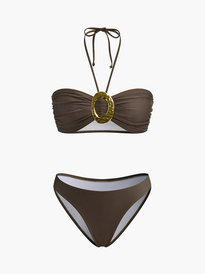 Şık Oval Yüzük Bant Bikini Takımı ve Akışkan Drapeli Etek Shine Aura