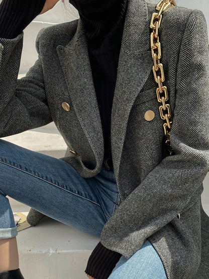 Yün Karışımı Şevron Ekose Uyumlu Blazer Quvarse